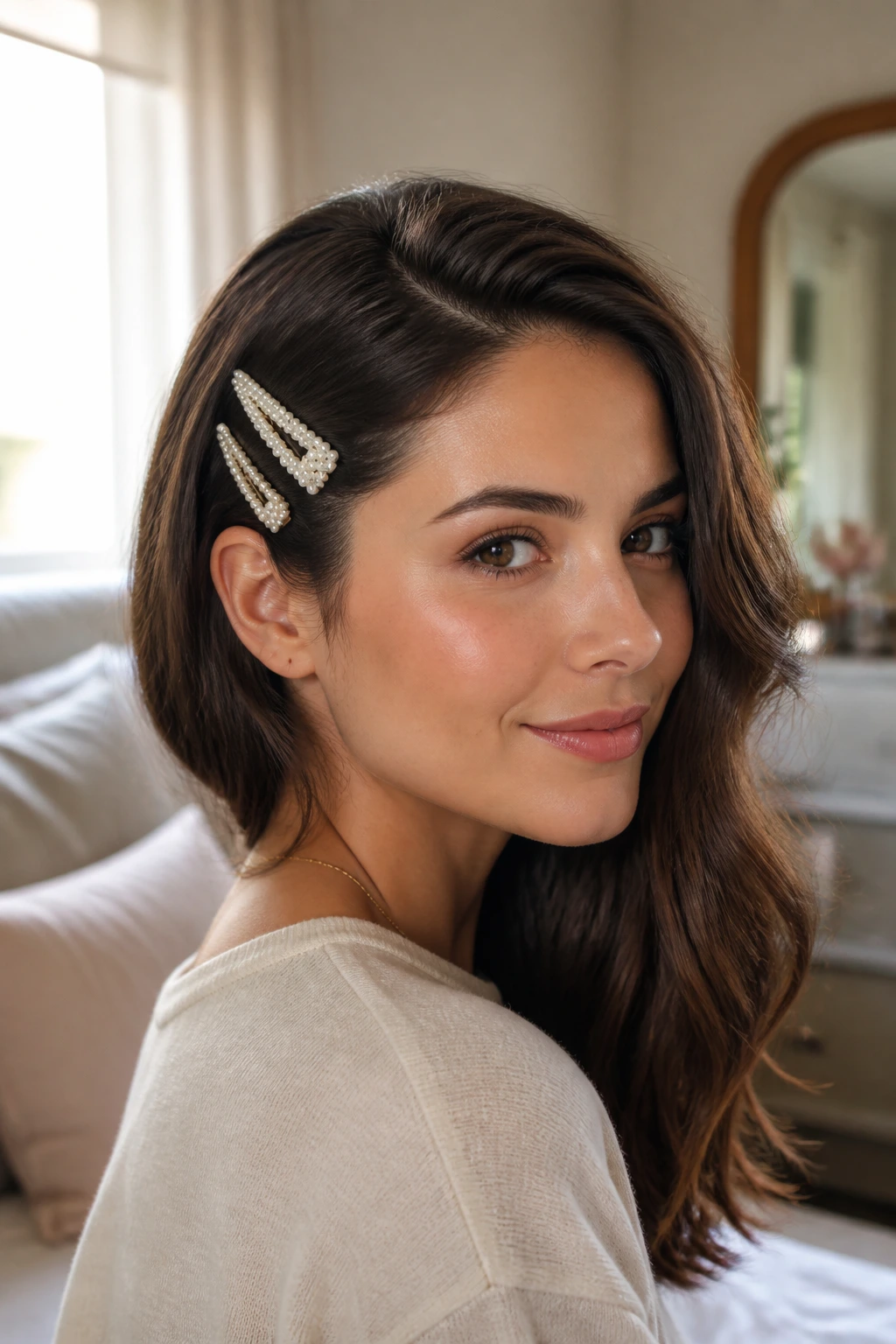 Close-up of a woman with a deep side part and decorative hair clips flatter a diamond face