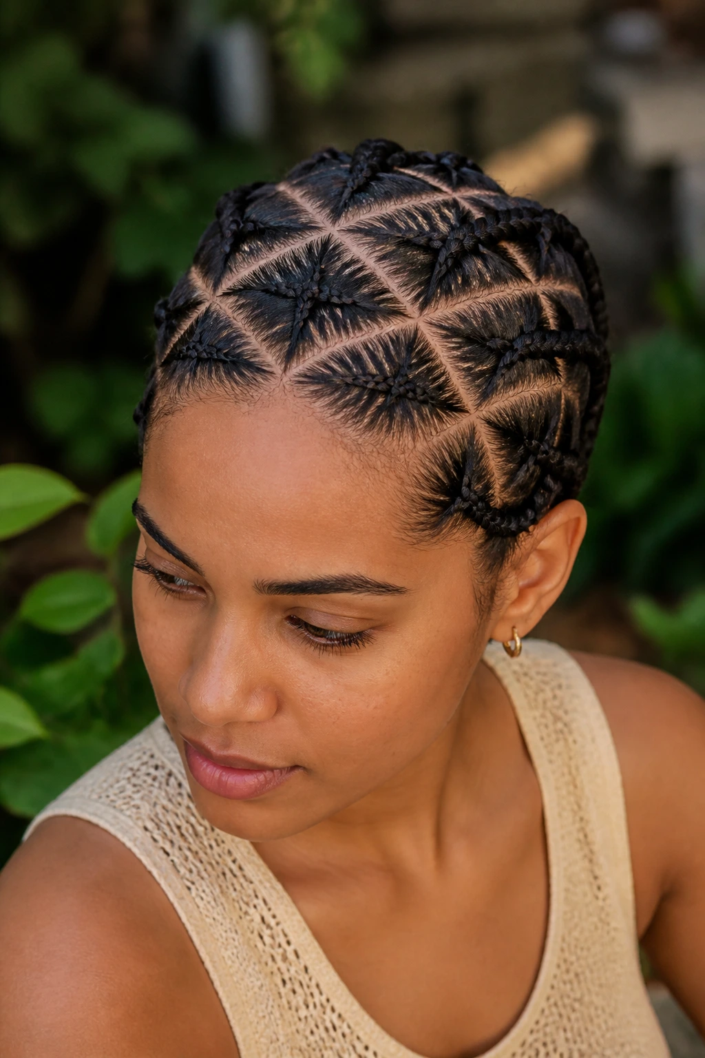 Close-up of a real person with criss-cross diamond braids on the scalp.