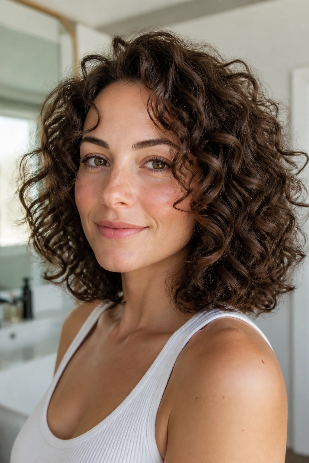 Close-up portrait of a real woman with diffused, volumized curls.