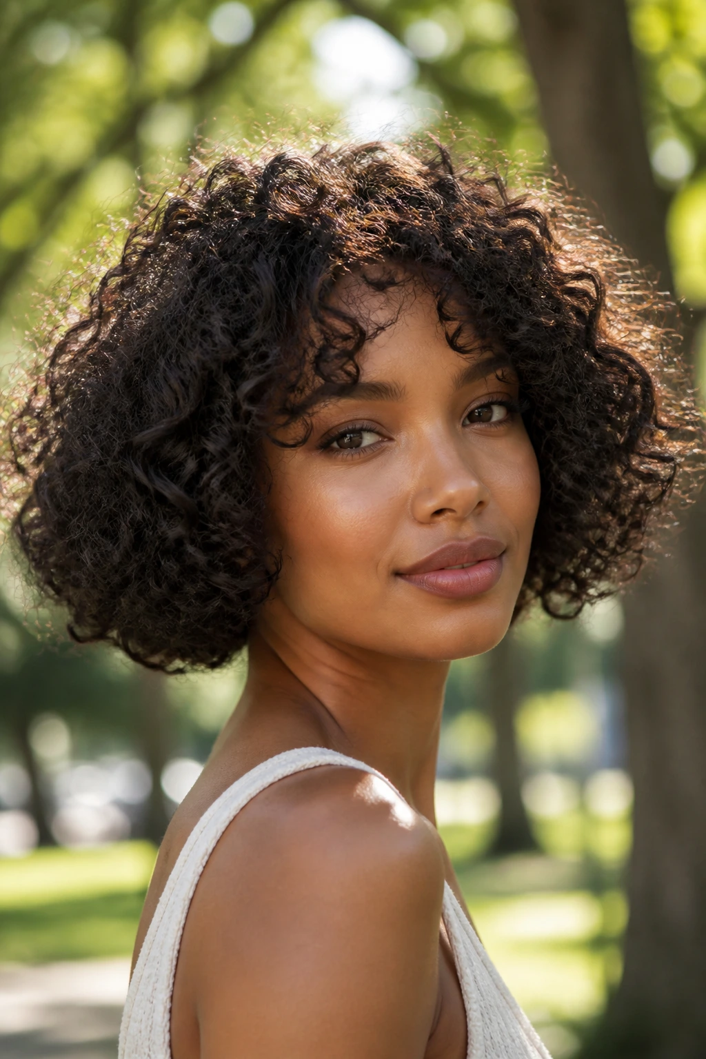 Close-up portrait of a woman with softly diffused curly bob in a sunlit park