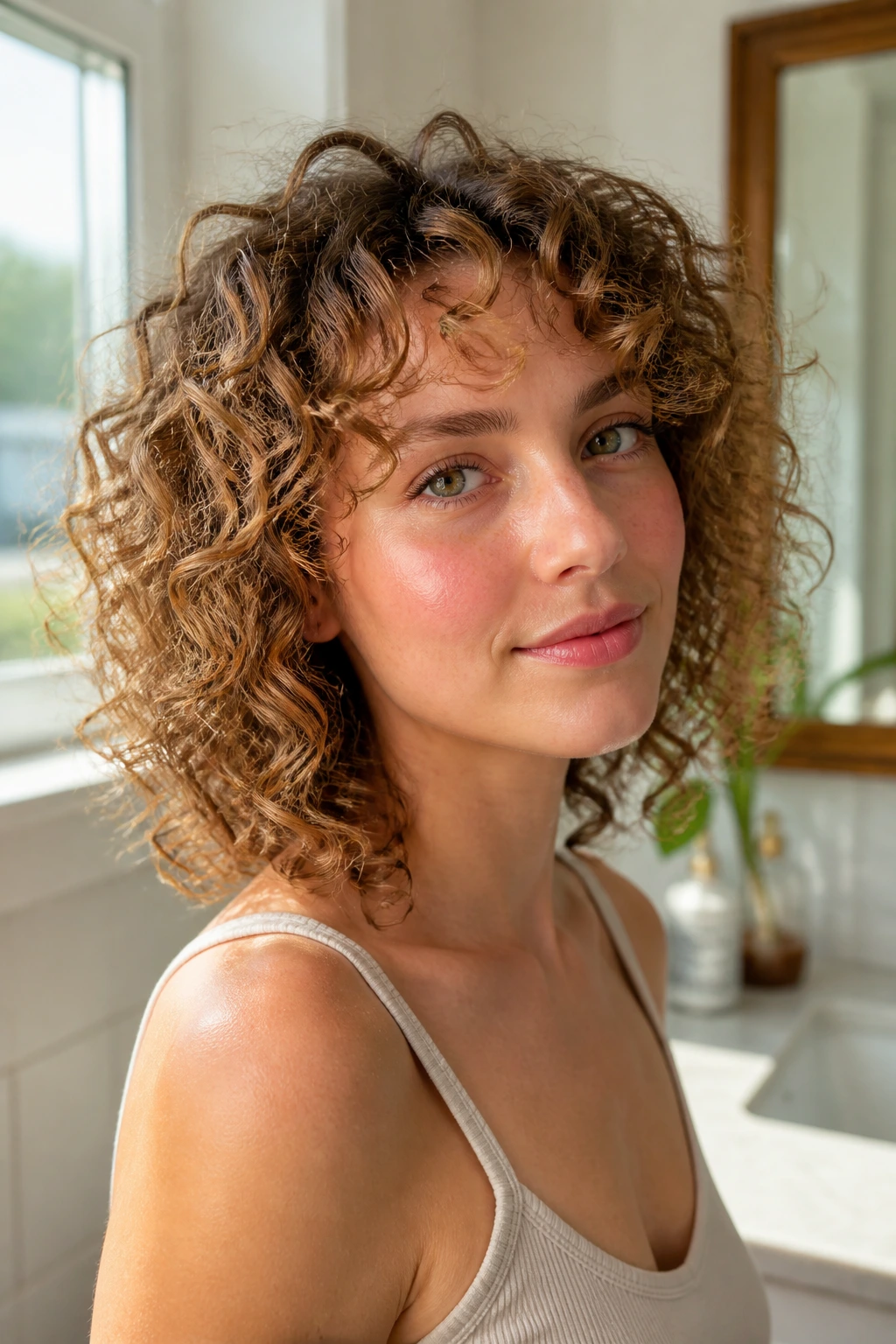 Close-up of a real woman with diffused scrunch curls in warm window light