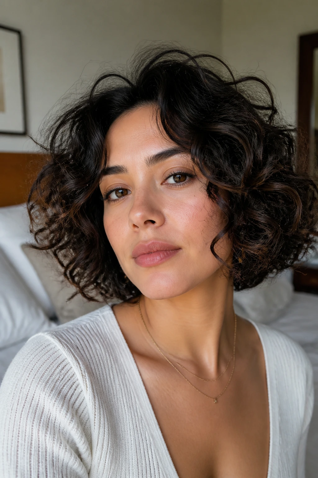 Close-up of a real woman with a chin-length diffused volume curly bob in natural window light