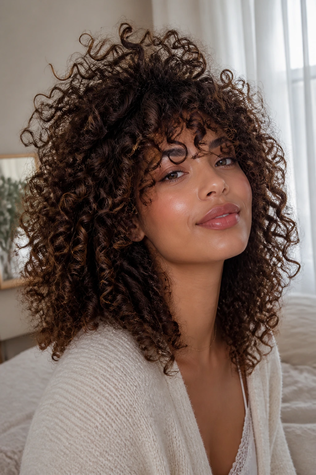 Close-up of a real woman with maximal volume spiral curls diffused for lift