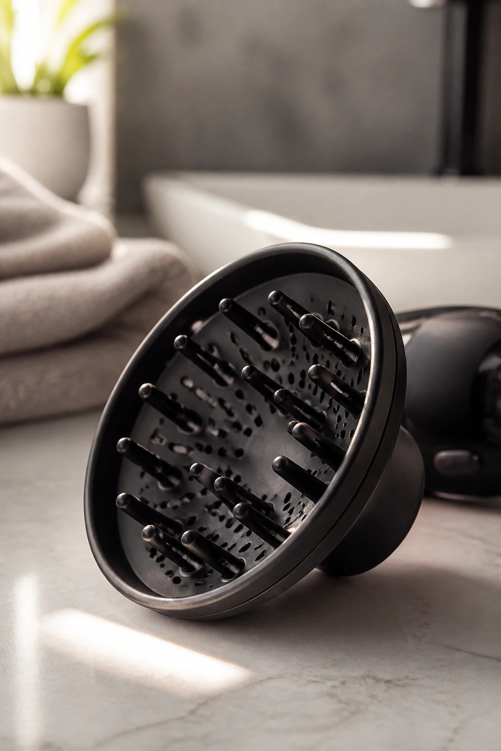 Close-up of a diffuser tool on a bathroom counter for styling textured fringes.