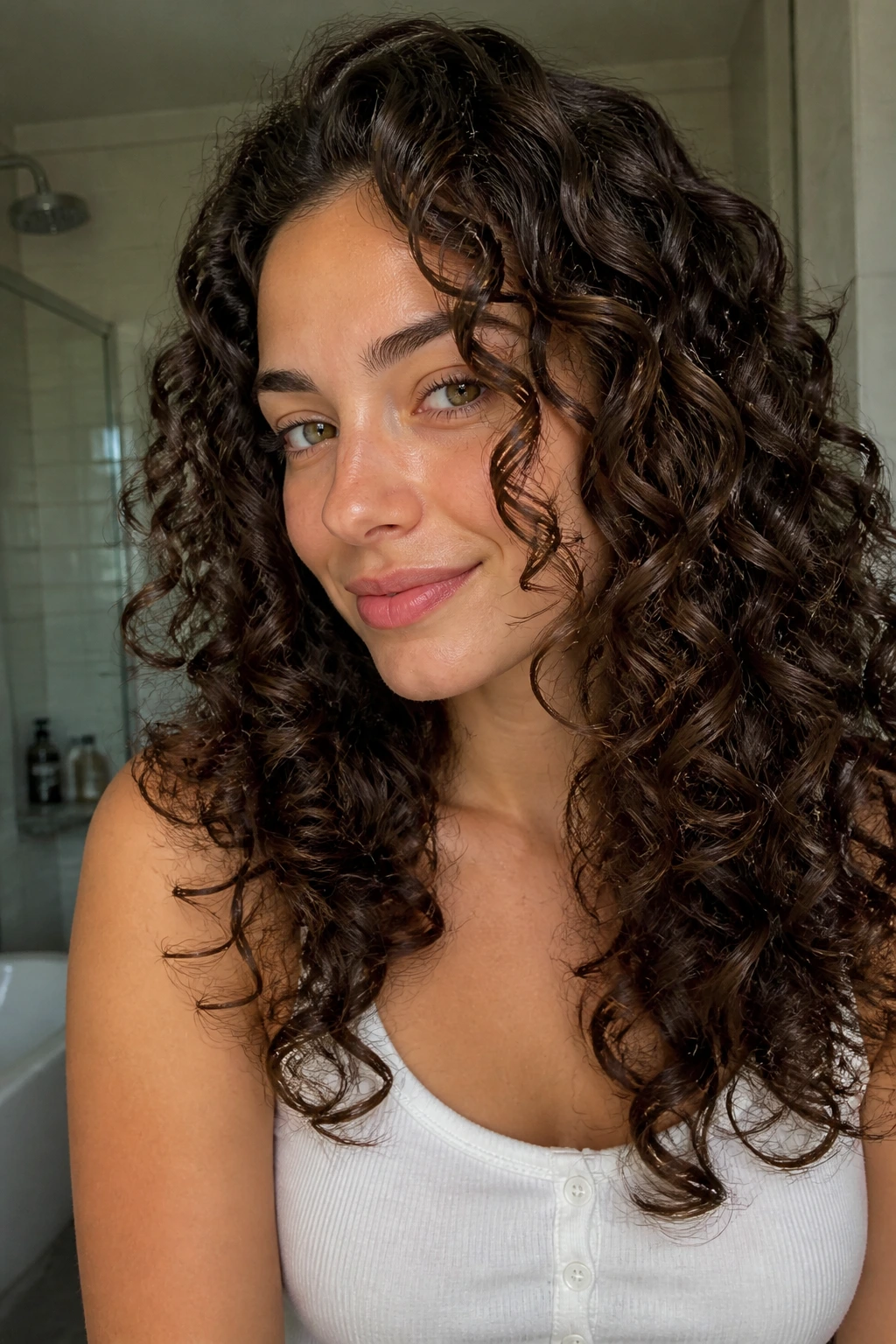 Portrait of a real person with defined diffuser-scrunched curls