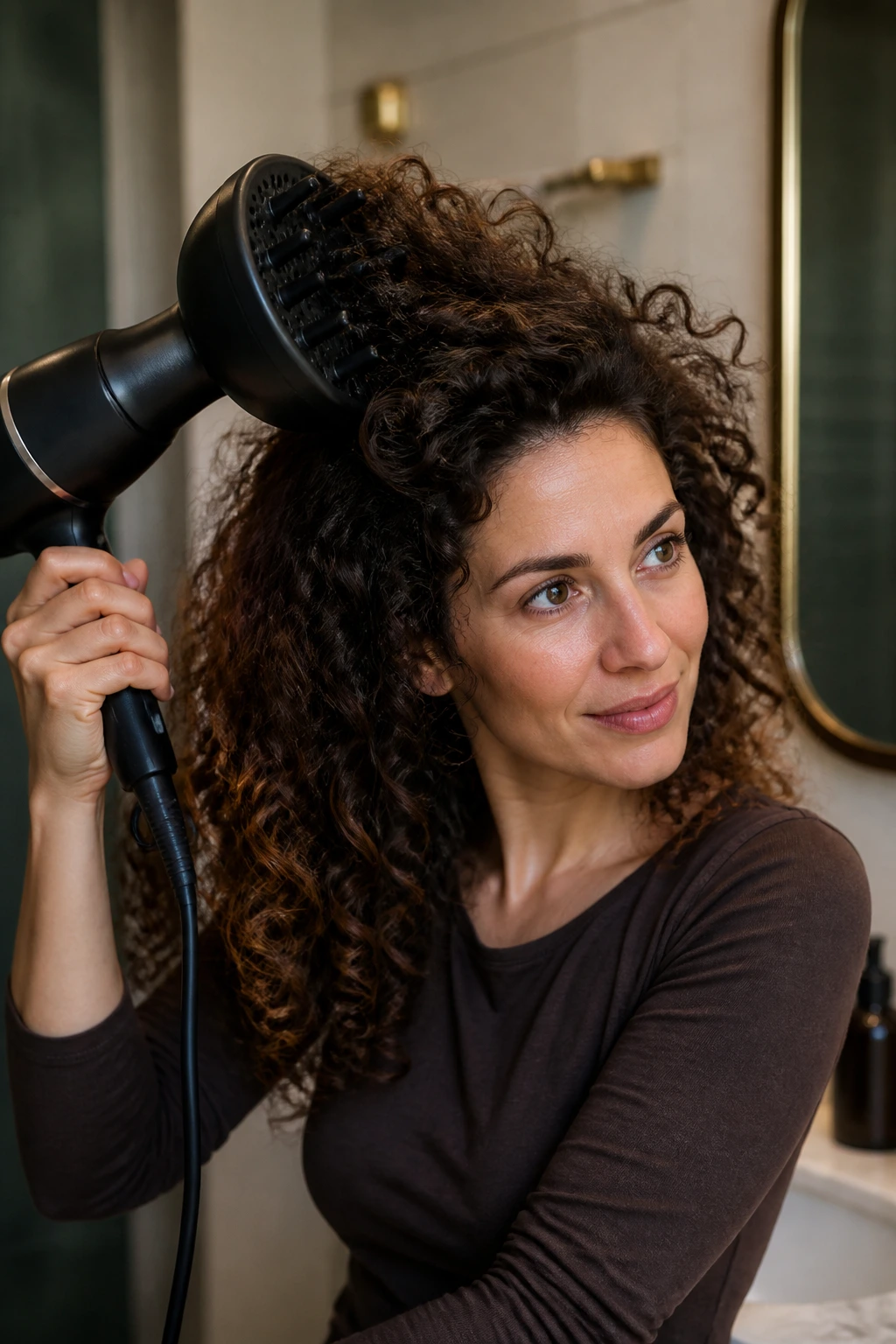 Real woman diffusing hair for volume at roots in a bathroom.