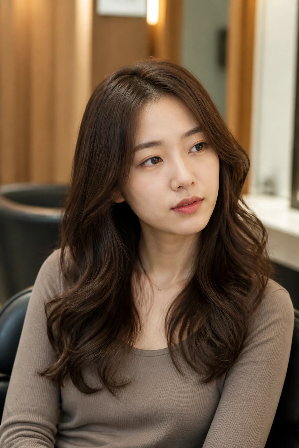 Real person in salon-like setting with soft waves, contemplating perm options