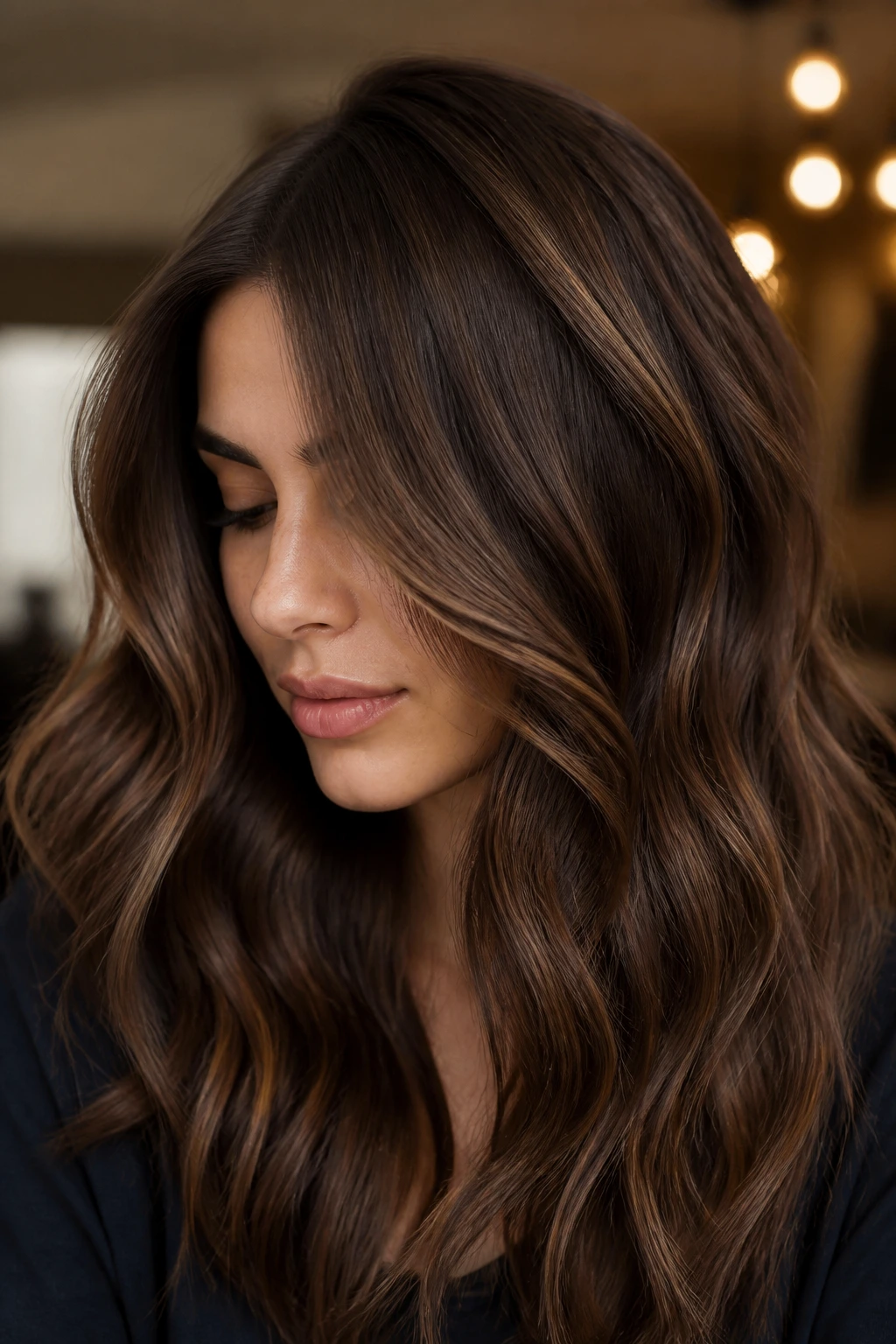 Close-up portrait of a real woman with dimensional chocolate brown hair showing darker lowlights and lighter pieces