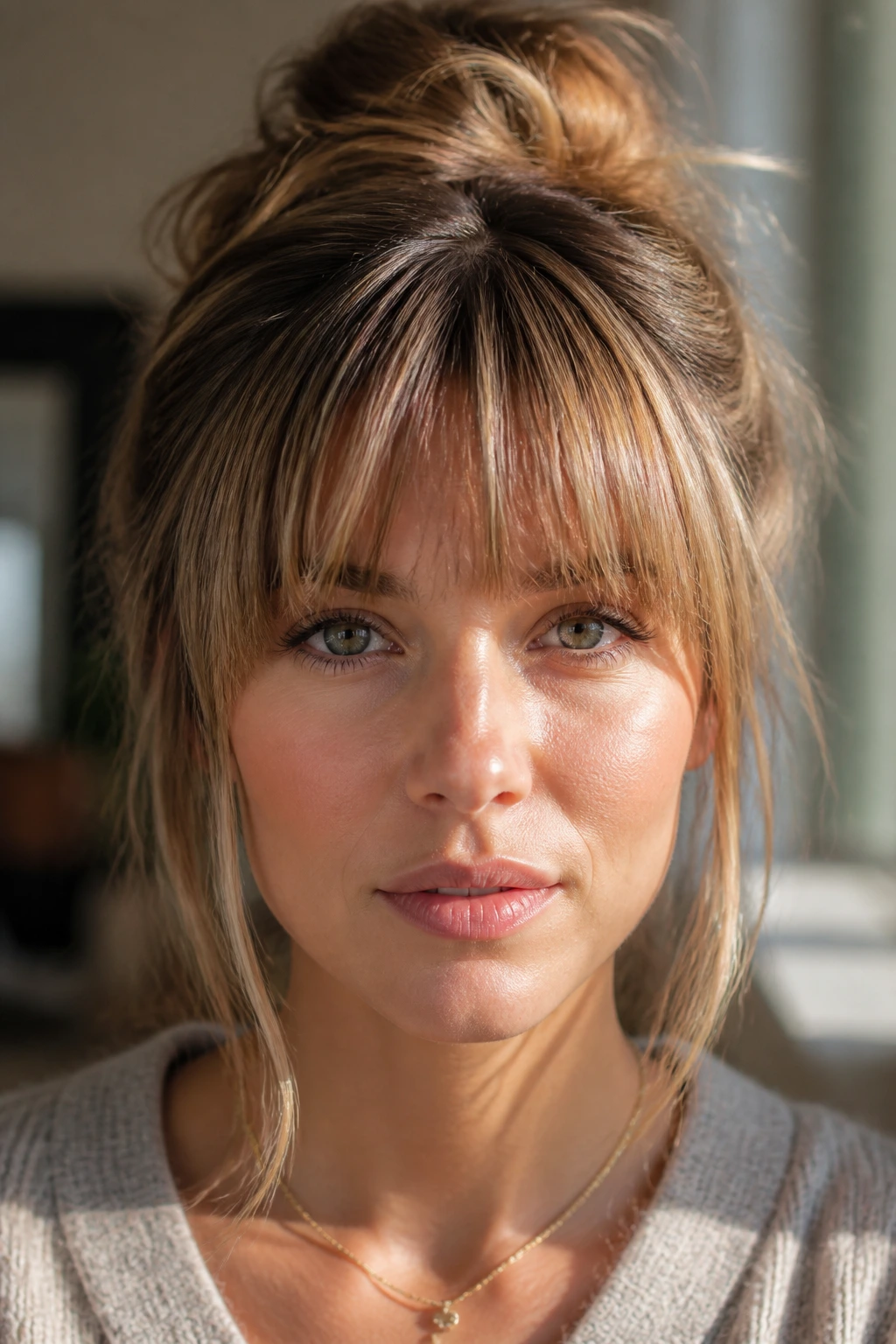 Real woman with multi-tonal highlighted bangs in soft daylight