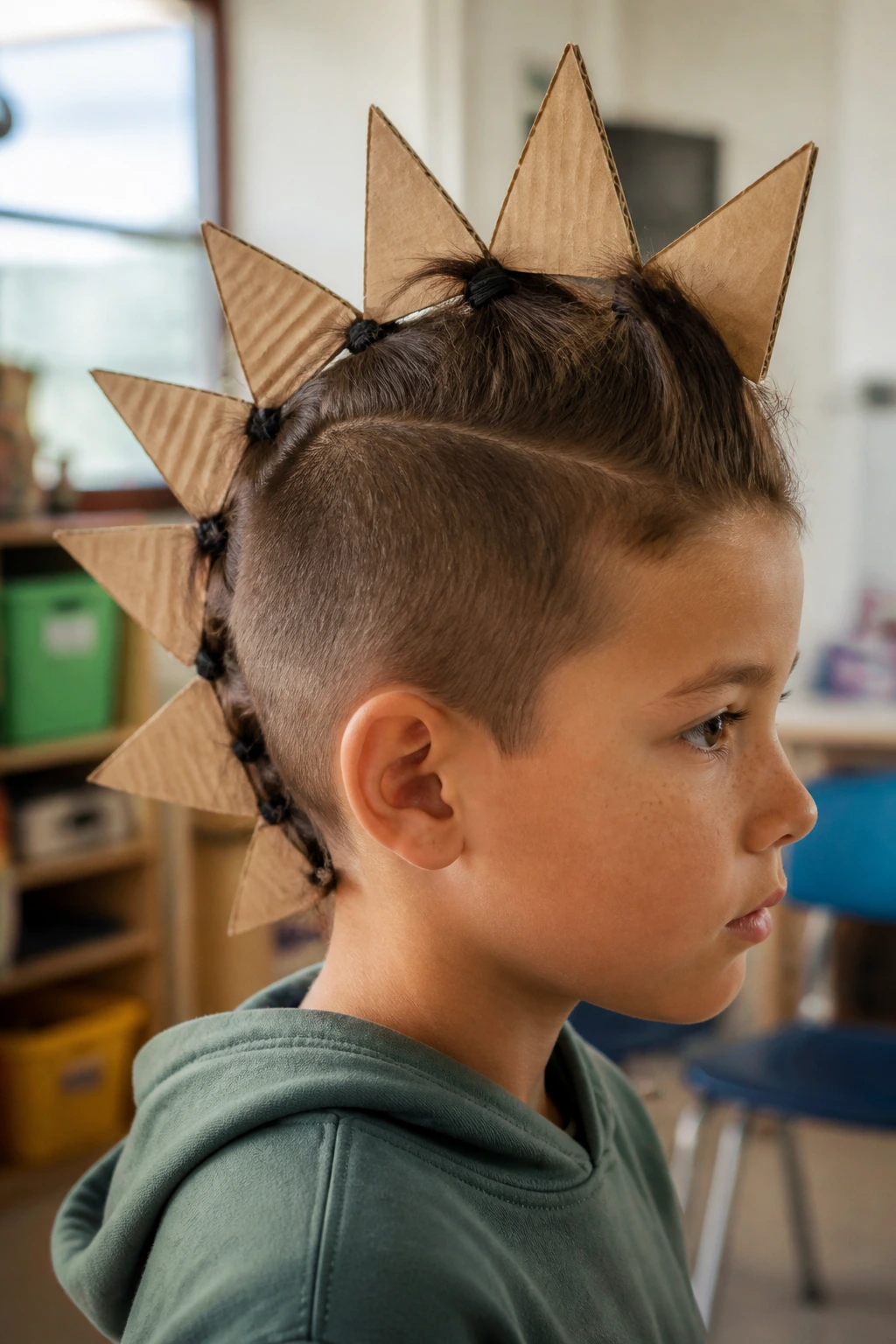 Child with dinosaur spine mohawk hairstyle