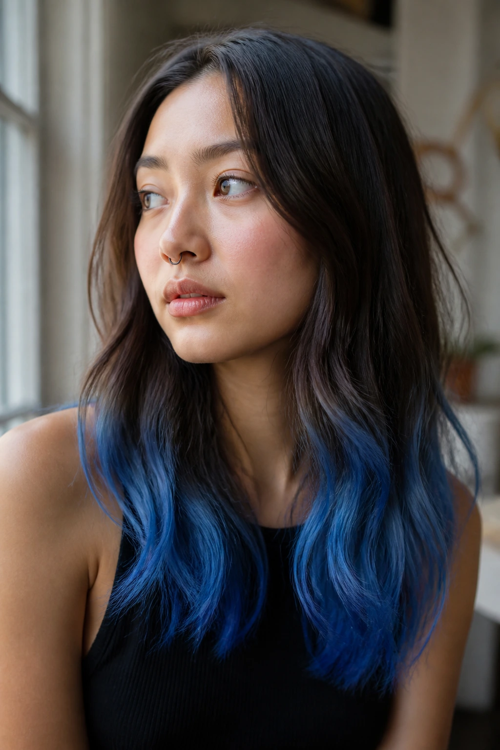 Portrait of a person with vivid colored ends on the bottom hair.