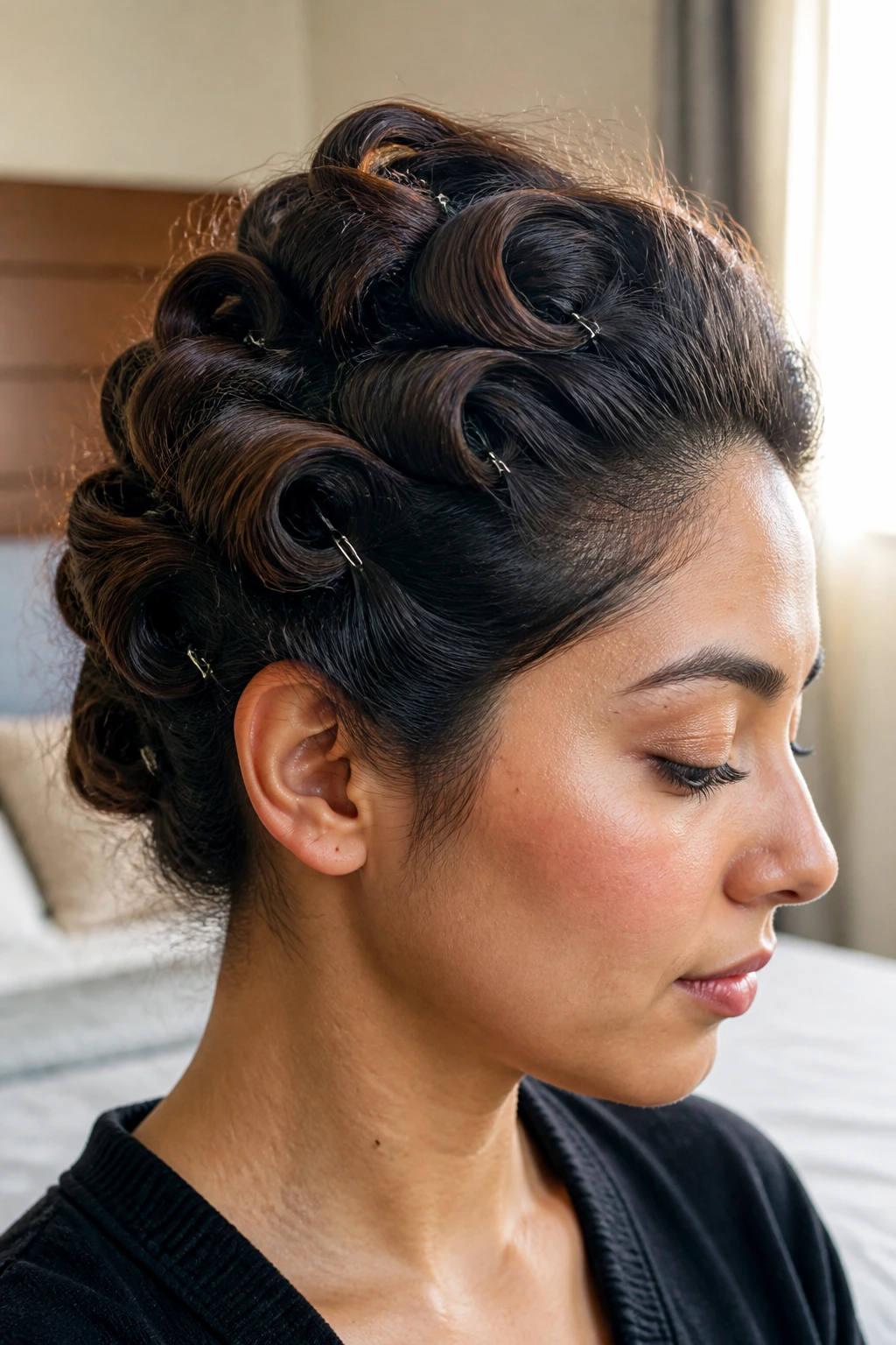 Close-up portrait of a real woman with directional pin curls showing swept-back volume.