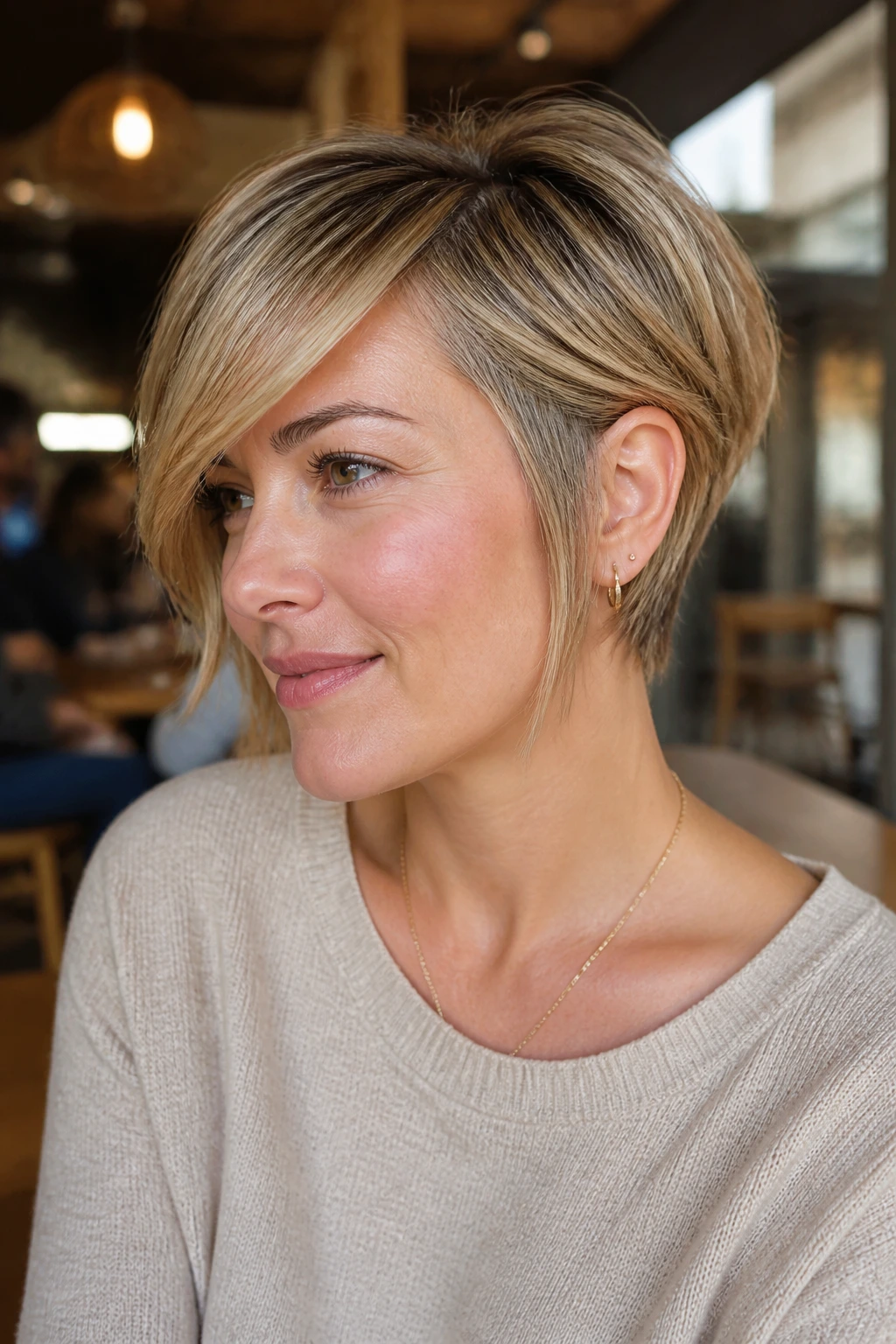 Close-up of a real woman with dirty blonde pixie-bob and deep side-swept bangs