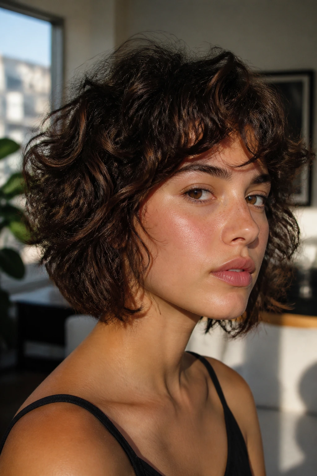 Real woman with disconnected curly-wavy bob showing distinct layer break