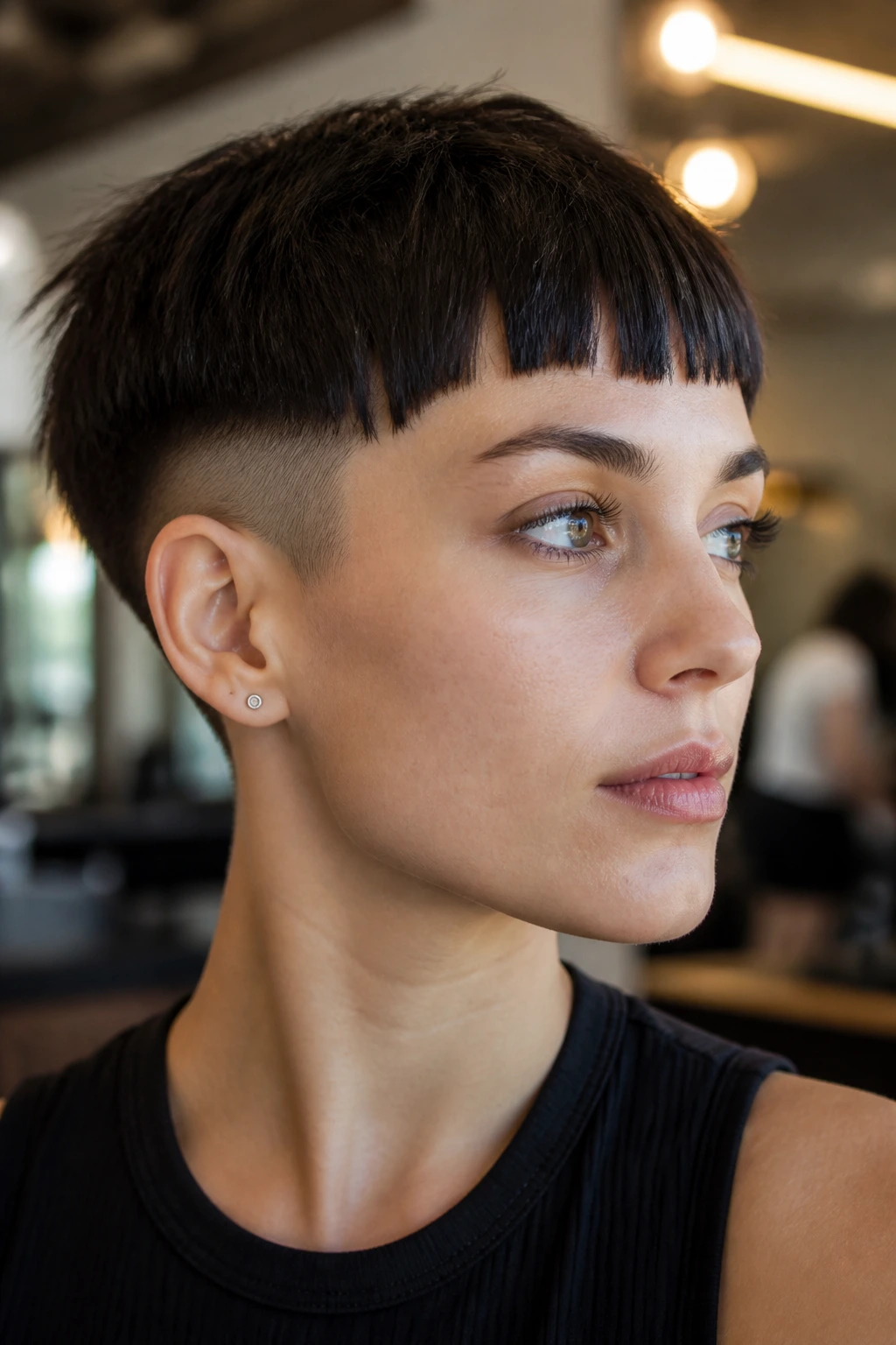 Close-up of a real person with disconnected choppy bangs over a bowl cut in warm salon light