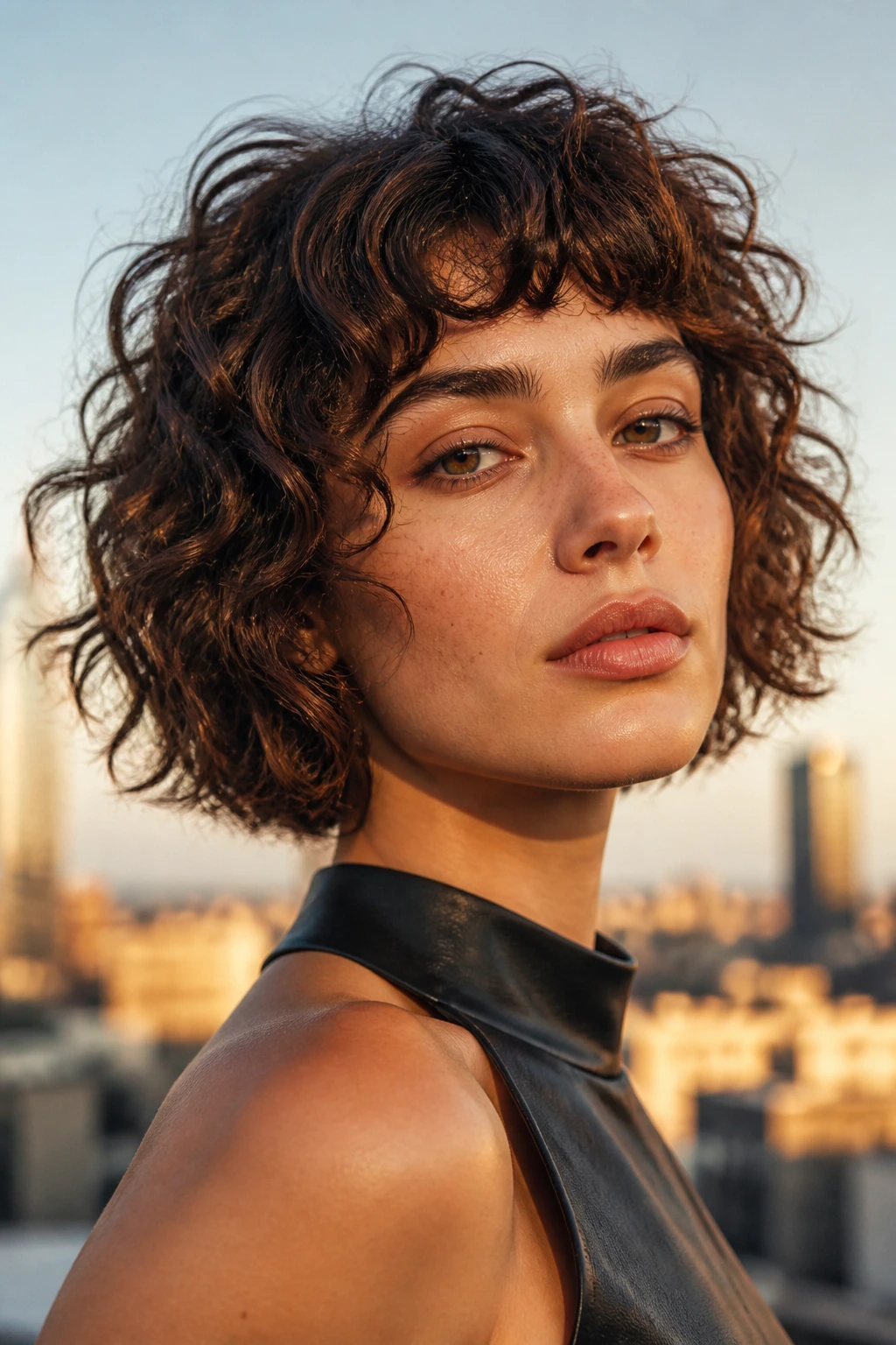 Close-up of a real woman with a disconnected curly bob showing textured layers and uneven bangs