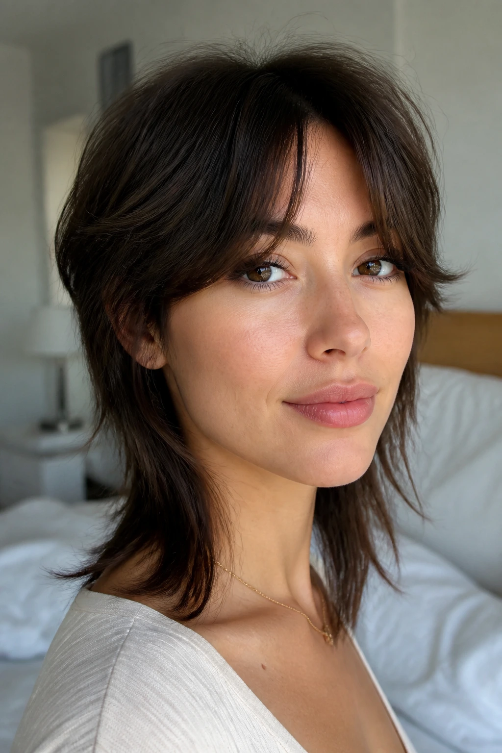 Close-up portrait of a real woman with disconnected curtain layers