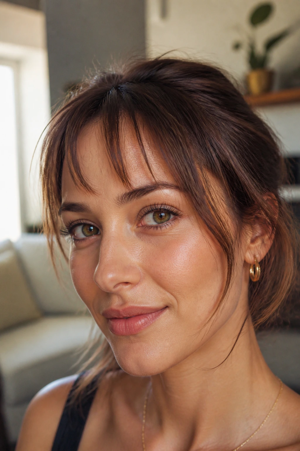 Floating fringe pieces above forehead in a living room