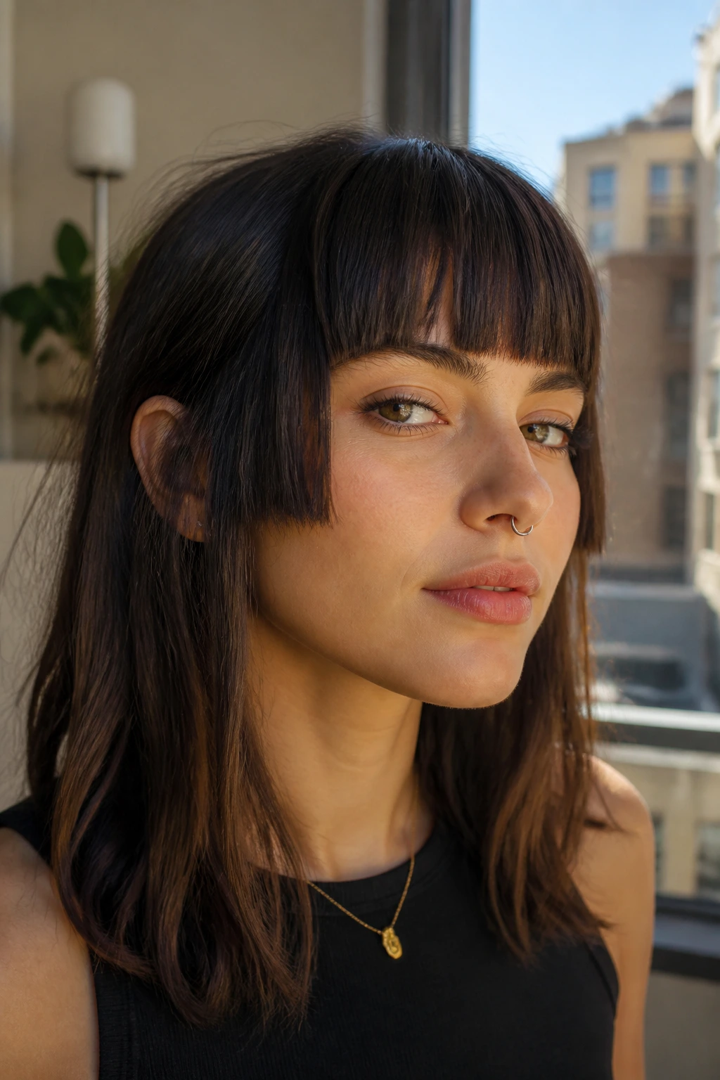 Close-up of real person with blunt bangs and sharp outer corners