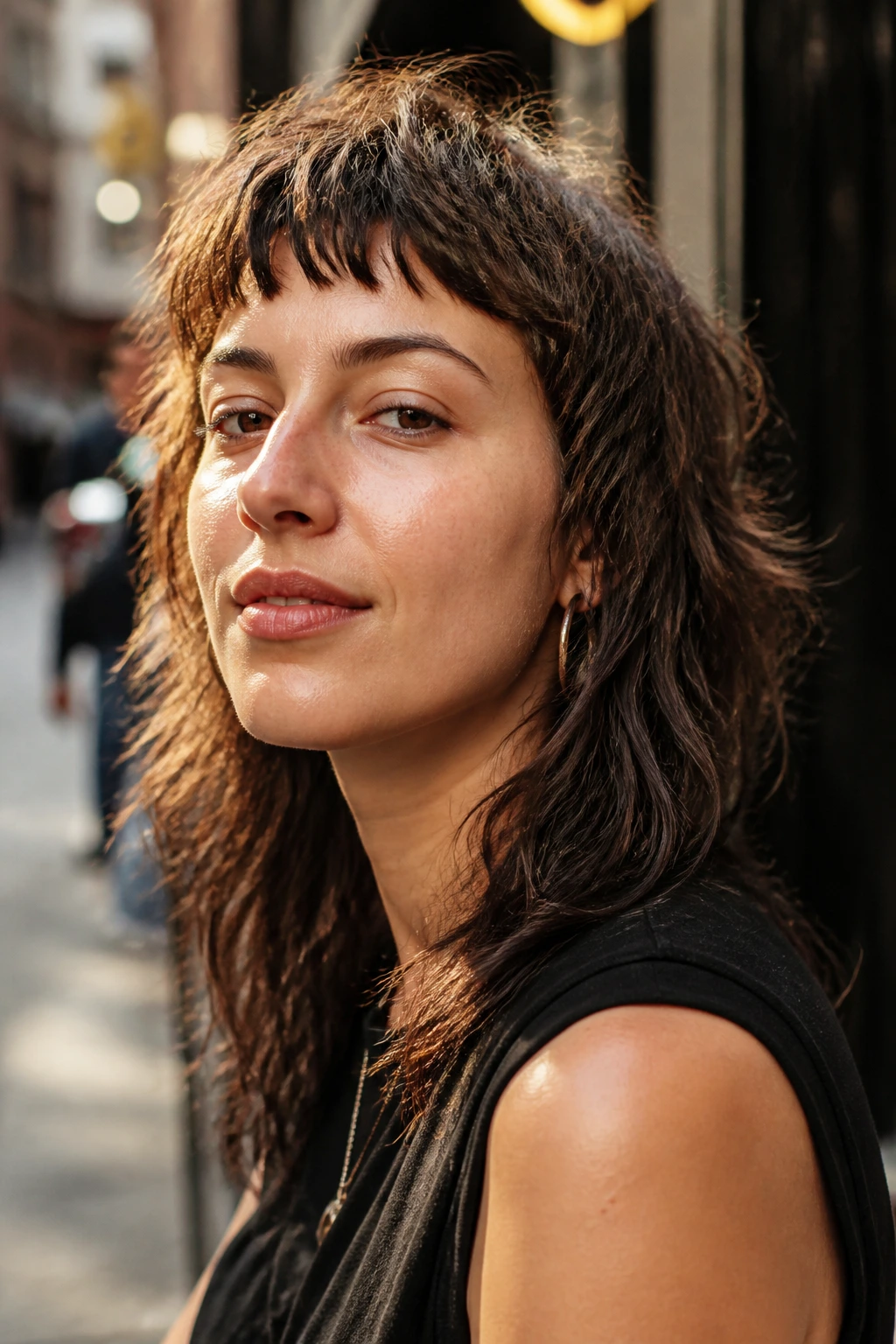 Close-up of a real person with short bangs and long textured sides