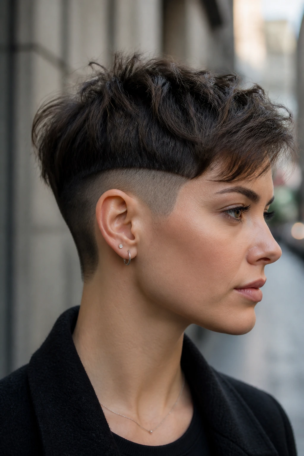 Close-up portrait of a real person with a sharp disconnected pixie undercut.