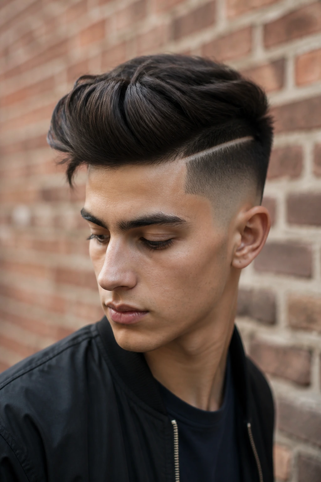 Portrait of real person with a disconnected quiff showing a sharp top-sides line