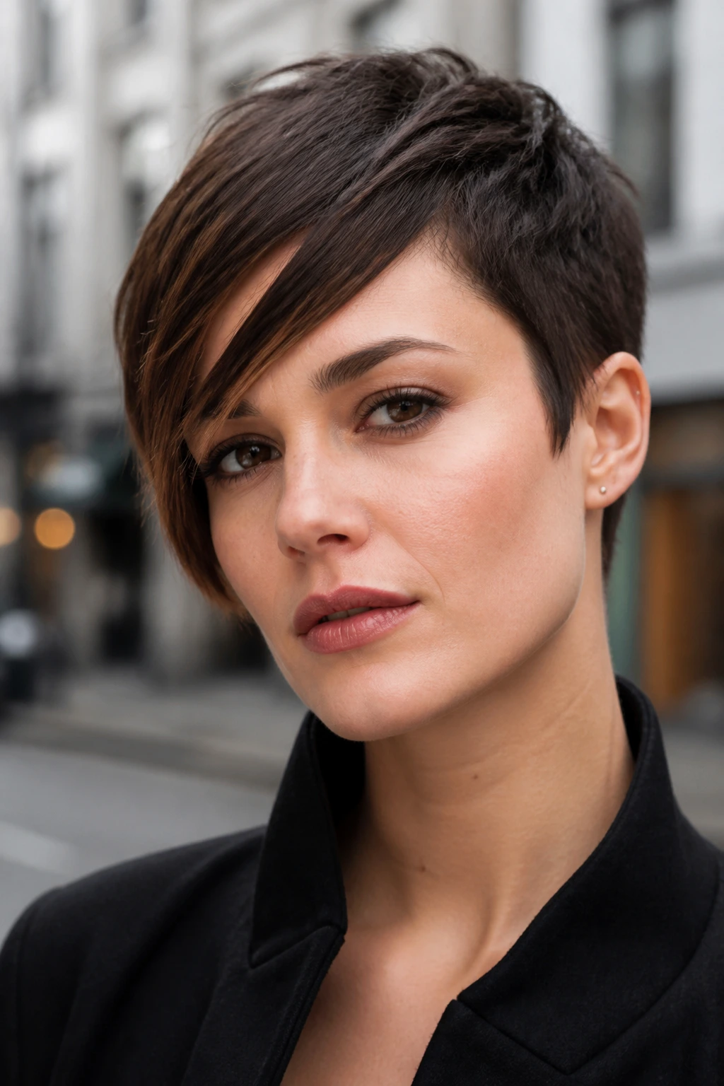 Real woman with sharp disconnected side fringe on short hair in urban setting