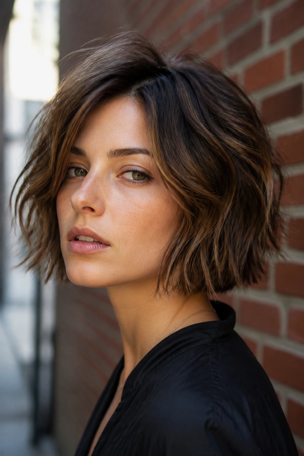 Portrait of woman with disconnected textured bob showing distinct crown and length layers
