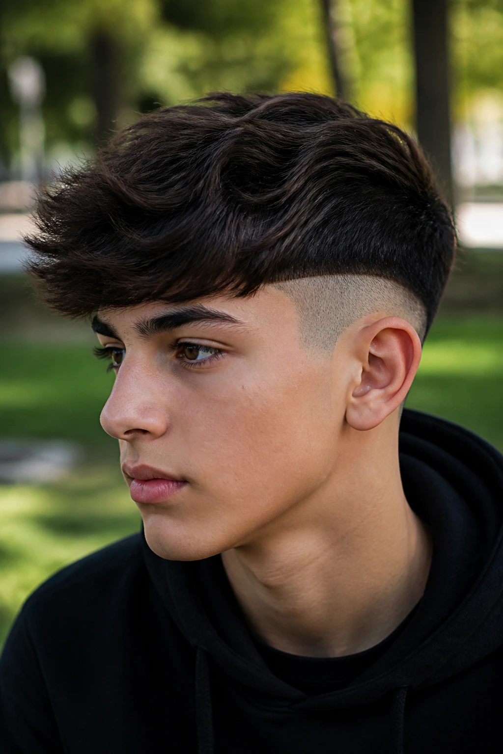 Close-up of a teenage boy with a disconnected undercut hairstyle in an outdoor park setting