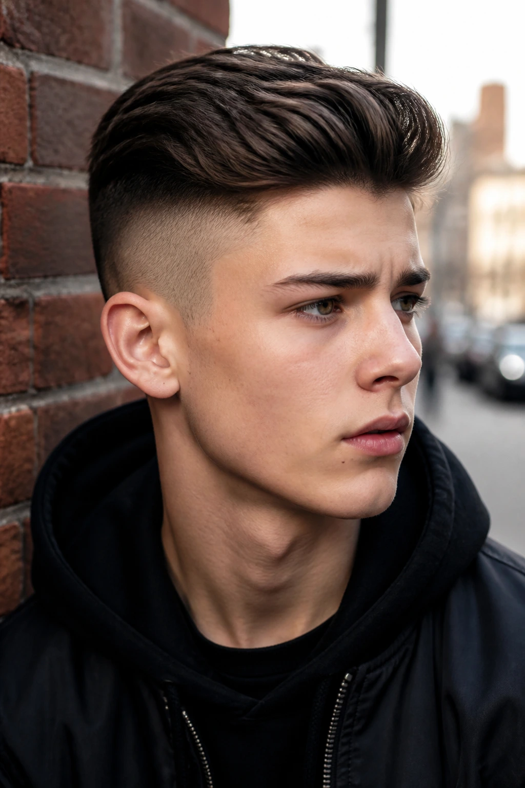 Close-up of teen boy with sharp disconnected undercut against brick wall
