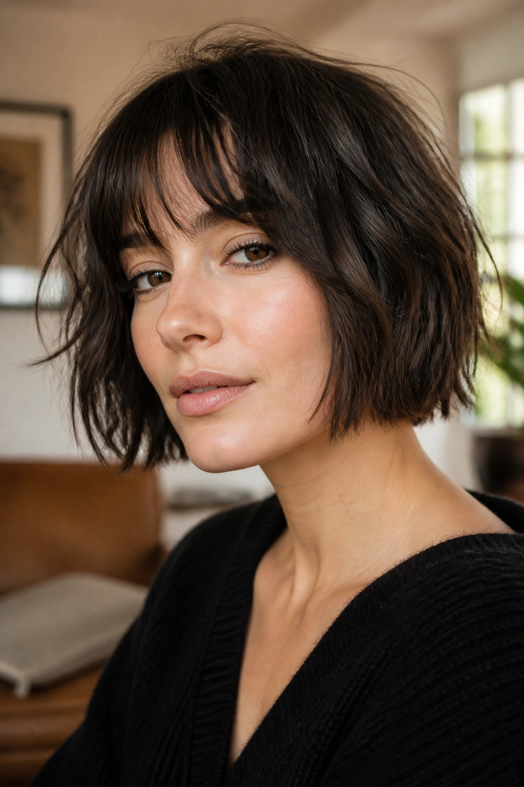 Close-up portrait of a woman with a chin-length disheveled bob and soft bangs on black hair
