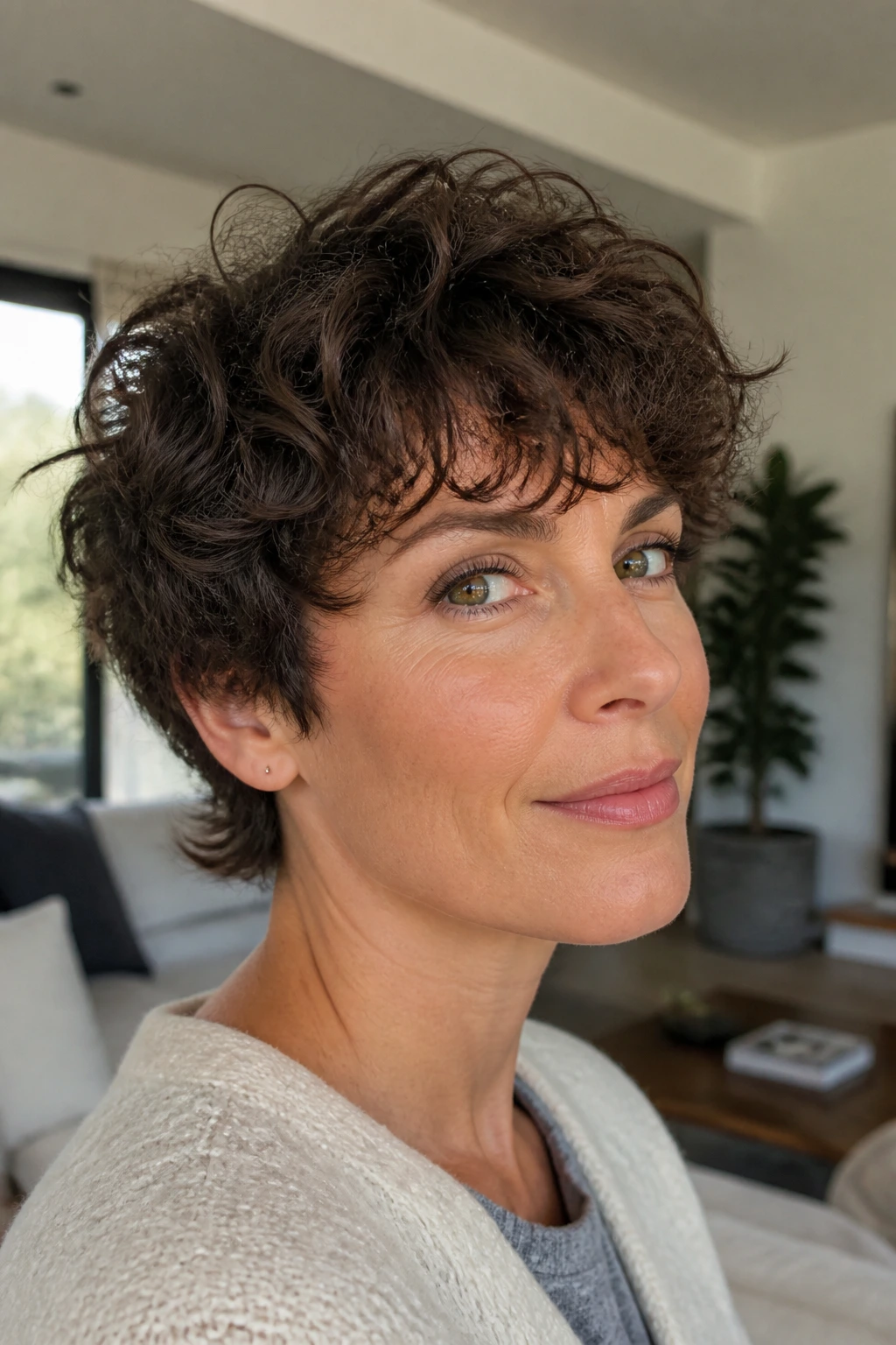 Real person with disheveled permed crop and textured curls