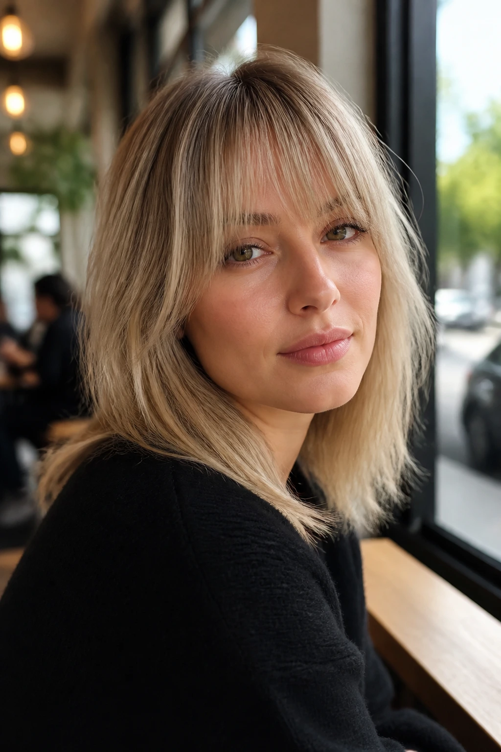 Portrait of a woman with dishwater blonde mid-length hair and Birkin bangs in a cafe.