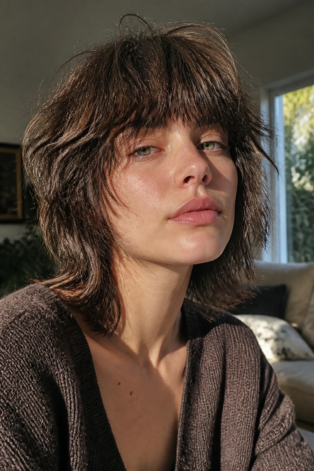 Close-up of a real person with a DIY shag haircut in sunlit living room