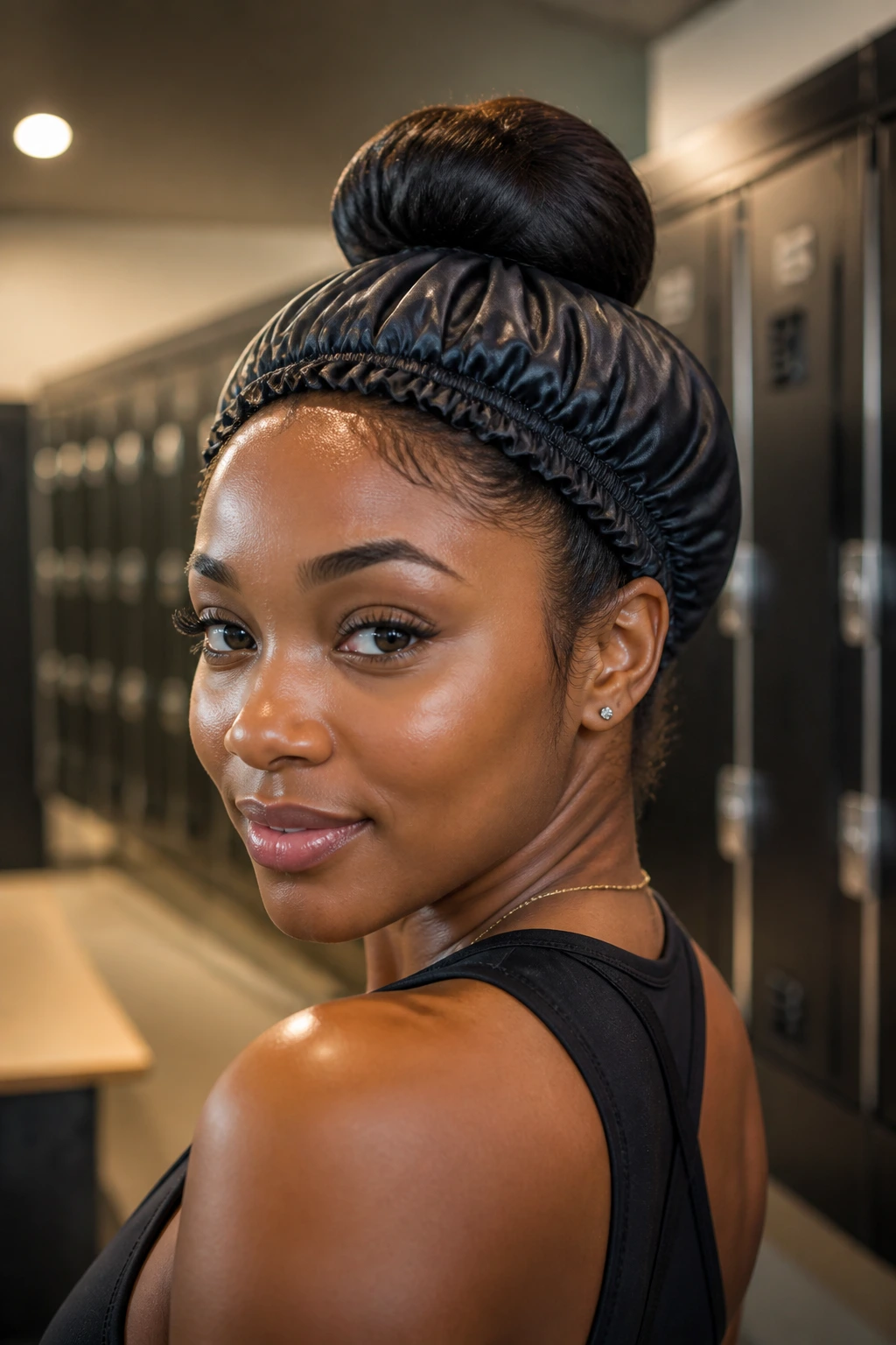 Close-up of a woman with a donut bun under a satin bonnet in gym setting