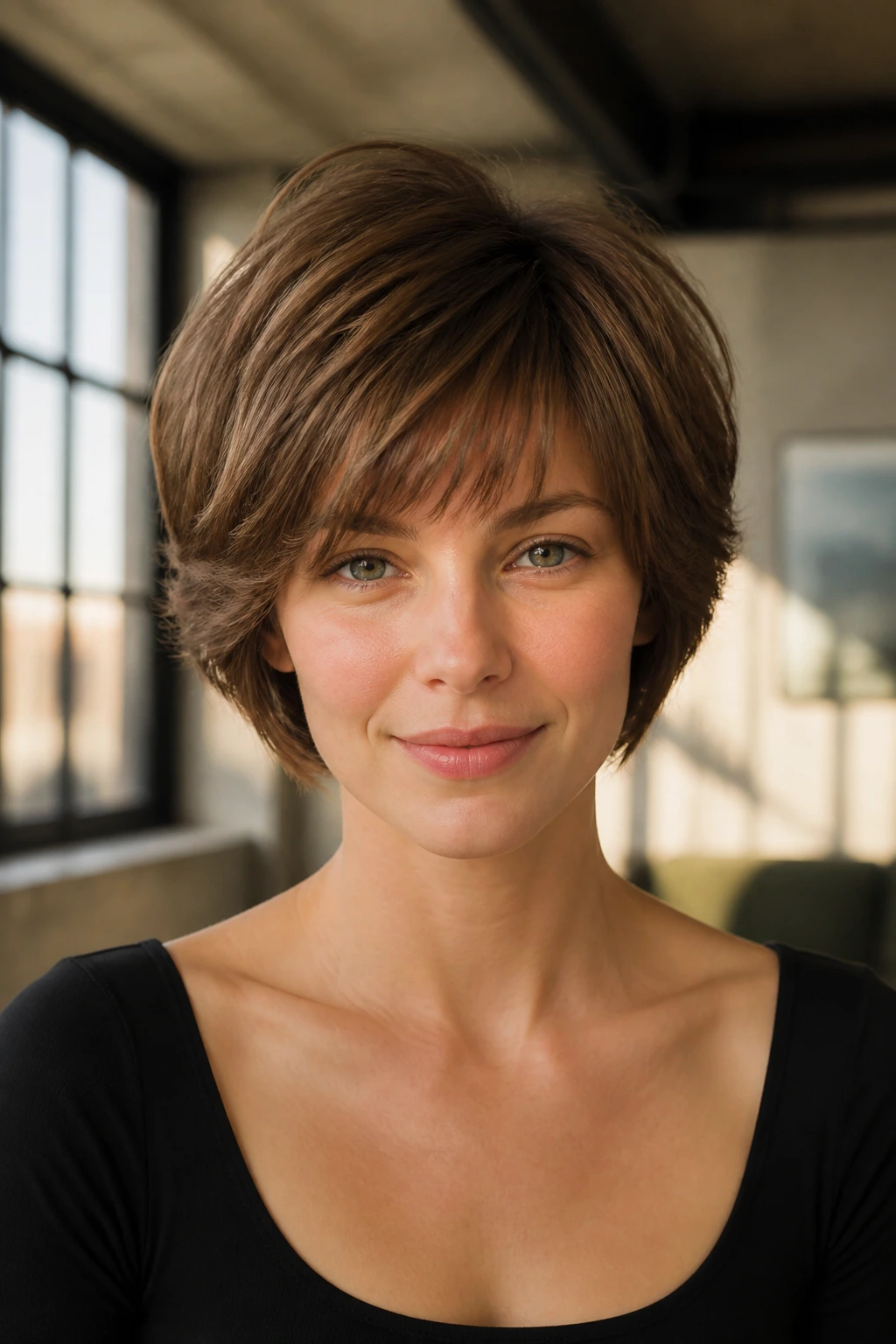 Close-up of a woman with retro Dorothy Hamill wedge hairstyle in urban loft light