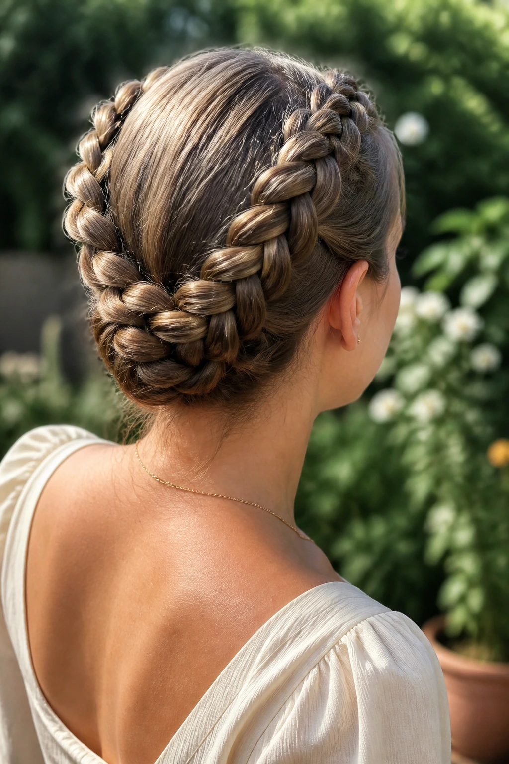 Back view of a woman with two symmetrical banana braids crossing at the nape