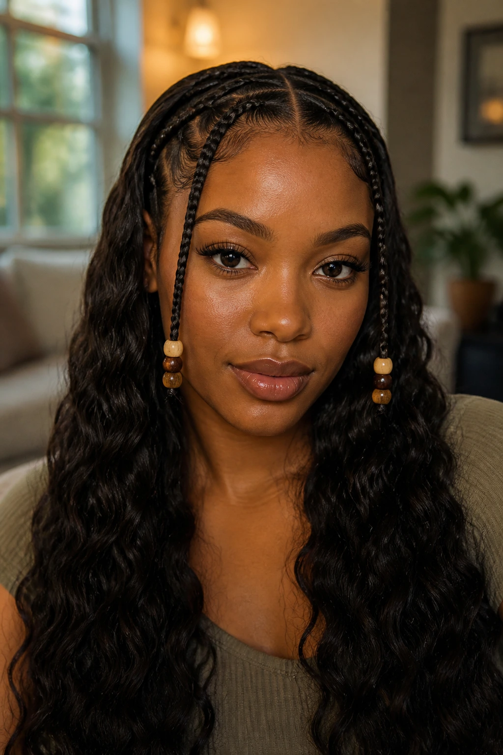Close-up of a real woman with double-beaded temple braids framing her face in soft natural light
