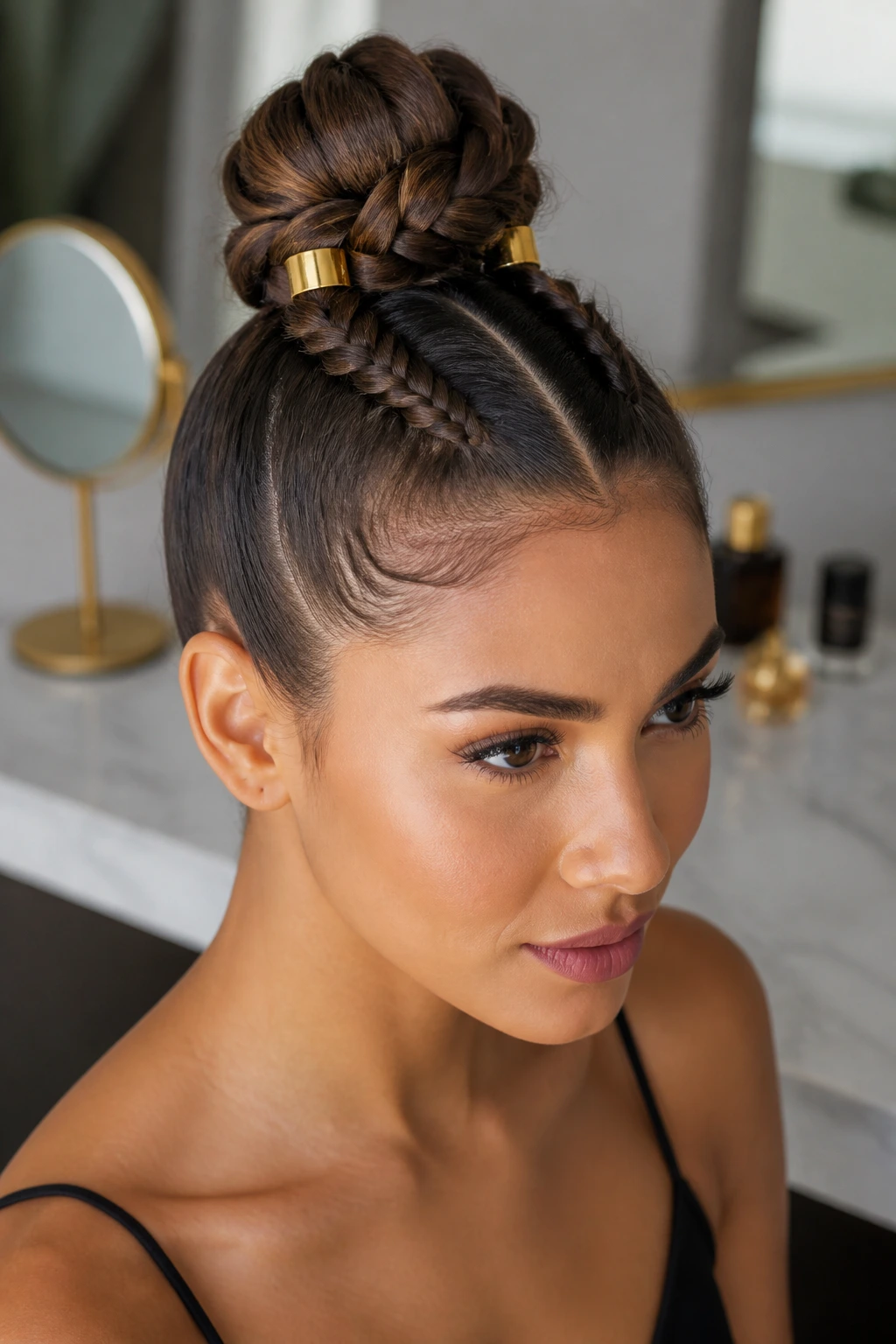 Close-up of real woman with double-braid top knot and large bun-base cuffs