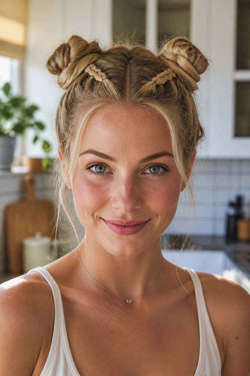 Real woman with two braided sections forming two mini-buns at the crown