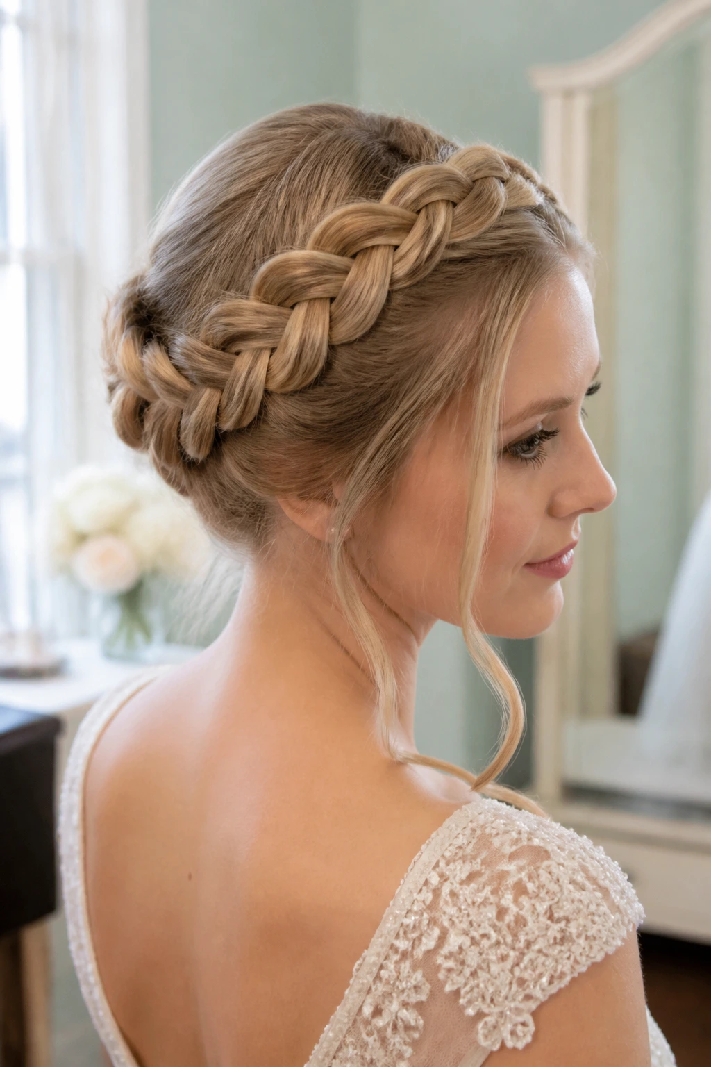 Close-up of real woman's head showing two French braids forming a crown.