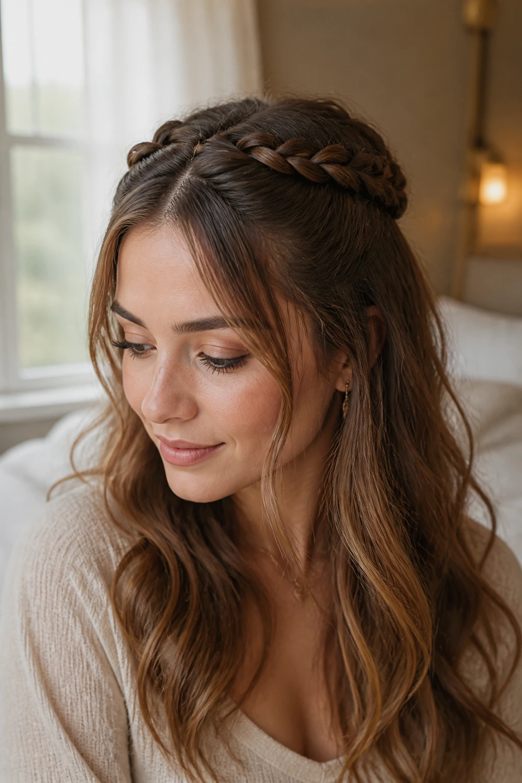Close-up portrait of a real woman with two braids forming a double-braid half-crown.