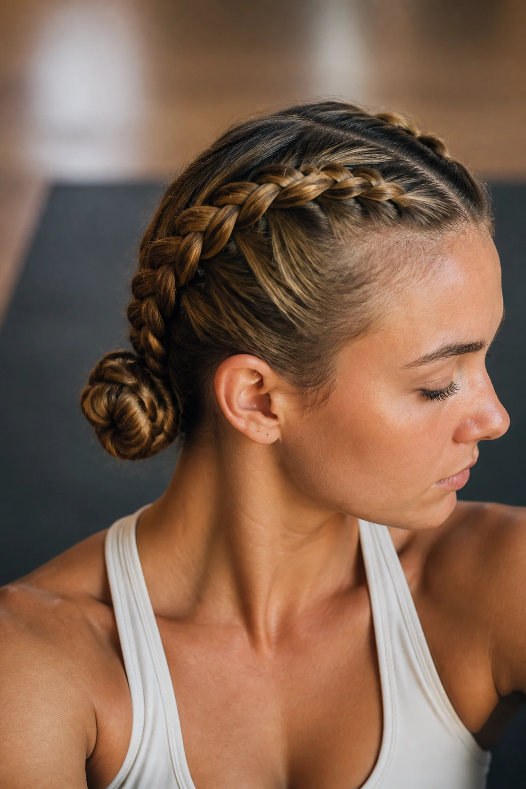 Real person with two low braided buns at the nape of the neck in a yoga studio