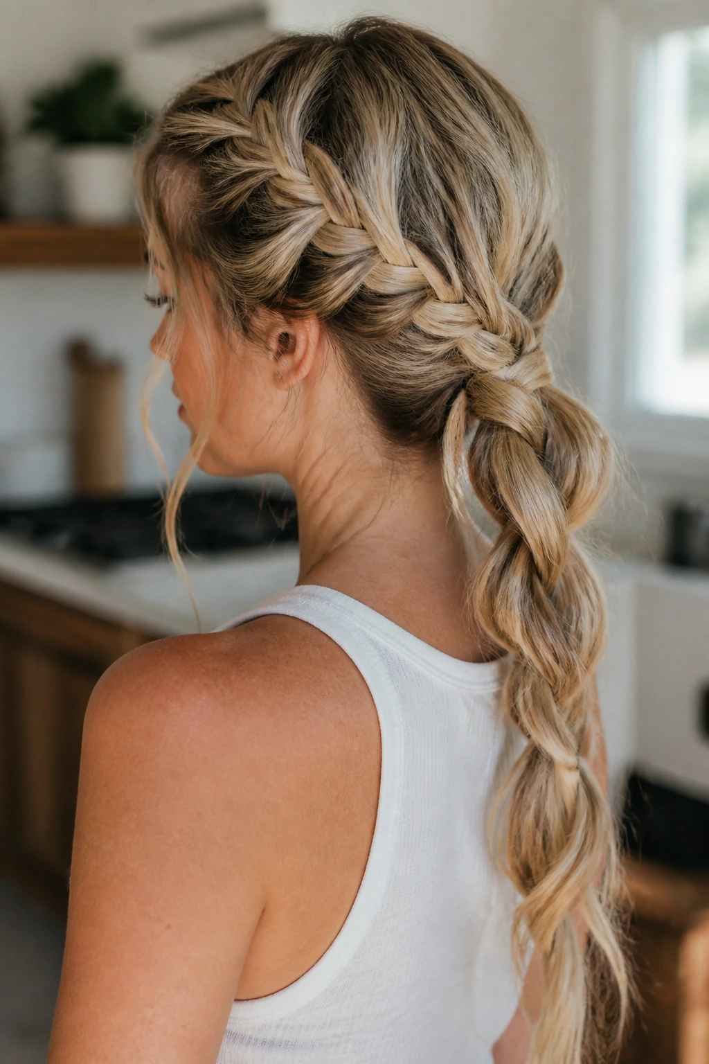 Portrait of a blonde woman with two side braids meeting in a central braided pony