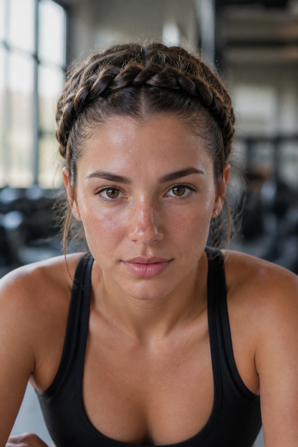 Front view of a real woman with two parallel French braids forming a sweatband during exercise