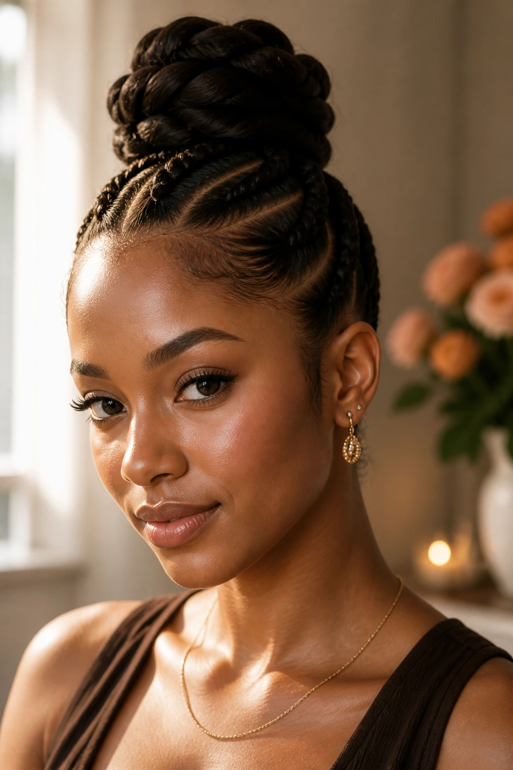 Close-up of a real woman with a double-braid top knot