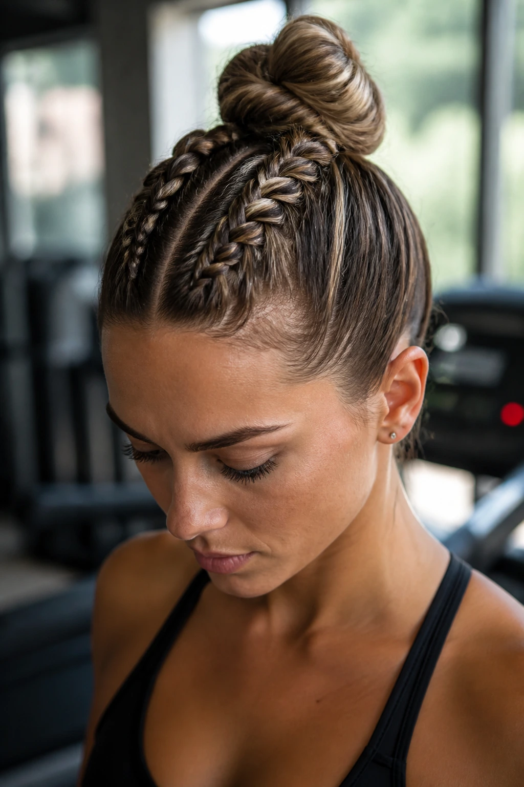 Close-up of a real person with two French braids forming a high top knot during a workout