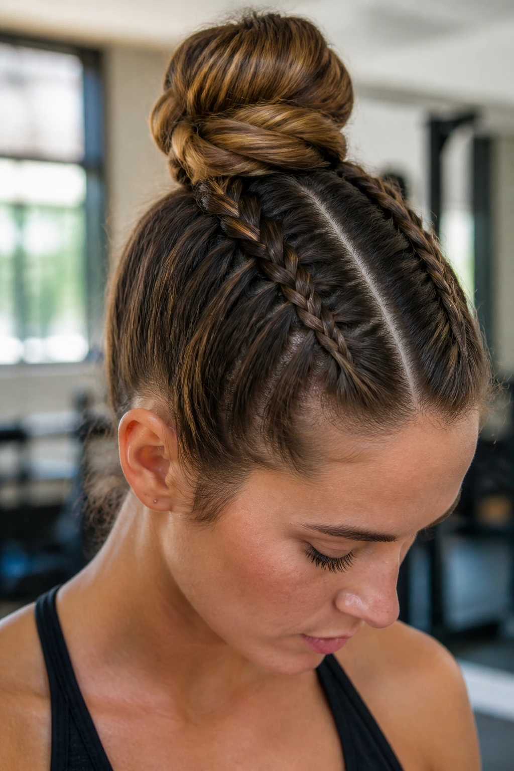Front/top view of a real person with double Dutch braids into a top knot in a gym