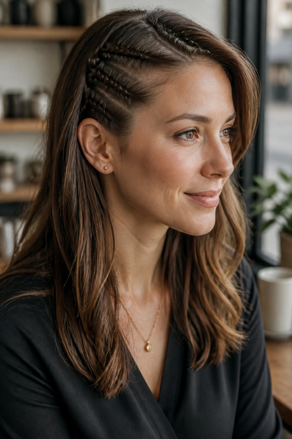 Real woman with two thin accent braids on one side near the temple