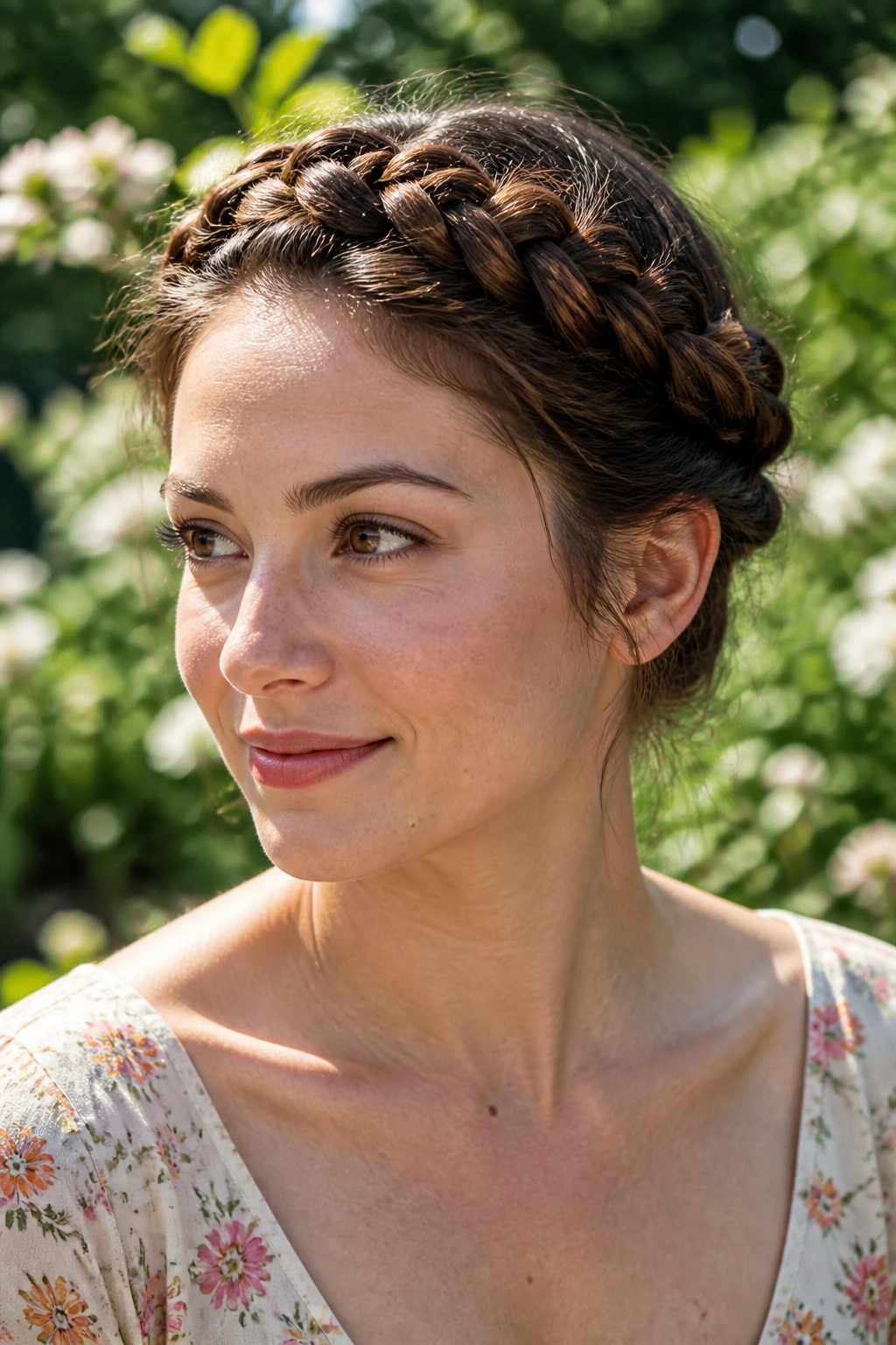 Portrait of a person with two braids forming a crown at the back